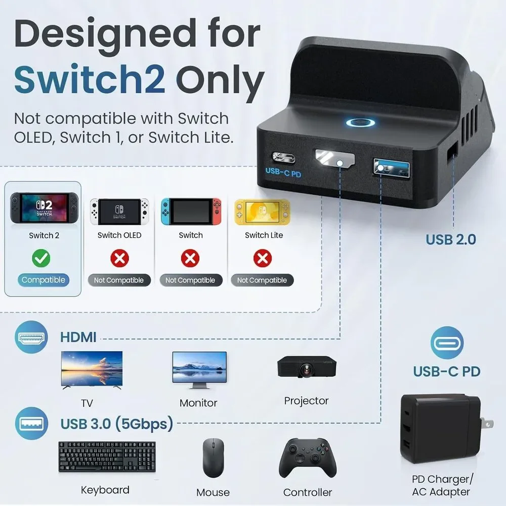 PORTHOLIC Nintendo Switch 2 Dock 4K HDMI 60W PD Portable TV Charging Stand